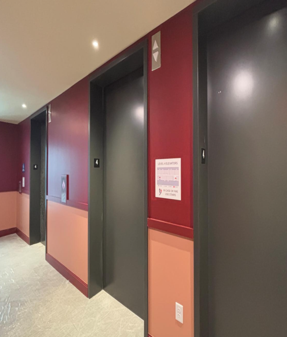 Elevator lobbies painted on levels 3-18. 